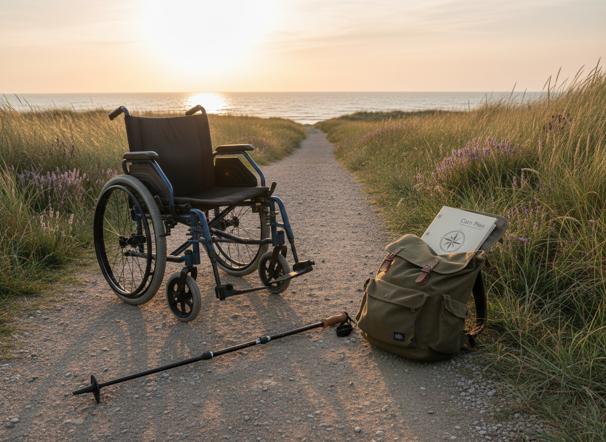 A peaceful East Anglian coastal path at sunset, symbolising client journeys towards independence. The foreground features a well-used, collapsible walking stick resting beside a sturdy wheelchair with textured tyres, both parked on a compacted gravel path lined with wild grasses. Nearby, a neatly packed rucksack with a visible care folder peeks from an open pocket, suggesting a supported community outing. The horizon shows soft sand dunes and calm sea beneath warm, golden-hour light, casting long, gentle shadows and a sense of progression. Shot at a low angle along the path, with strong depth leading the eye into the distance. Photographic realism and a natural, tranquil atmosphere communicate resilience, rehabilitation, and expertly guided but client-led progress.