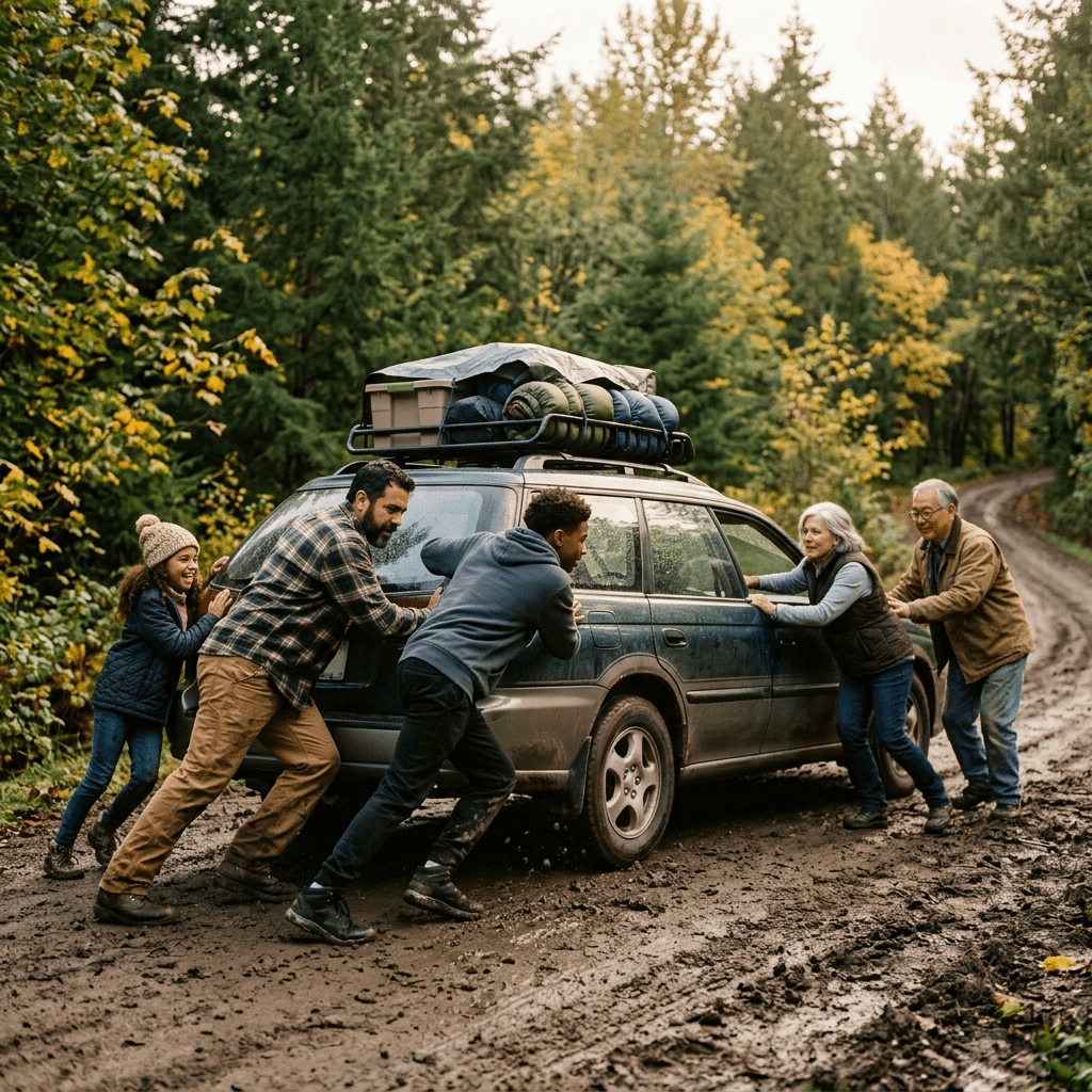 Five people pushing a green station wagon stuck in mud on a forest road